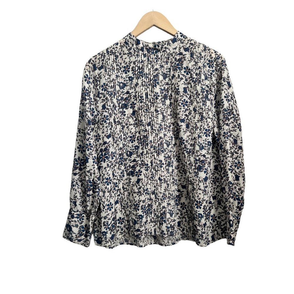 Apiece Apart Sez Pinktuck Silk Floral Print Long Sleeve Blouse White and Blue - Picture 4 of 9